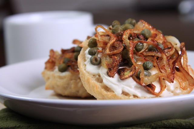 Homemade Bagels with Tofutti, Capers and Caramelized Shallots