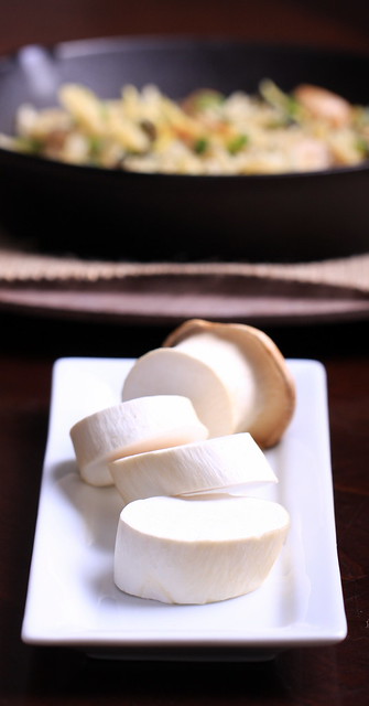 Sliced king oyster mushrooms