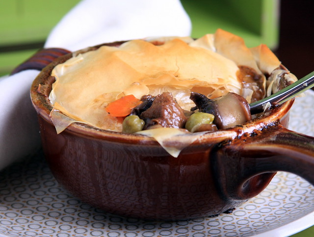 Vegan Pot Pie with Portobella, Green Garbanzo and Shallots
