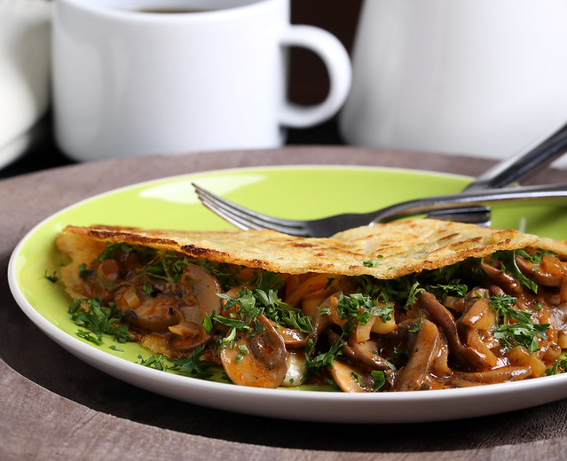 Coconut-Chickpea Crepes with Smoky Herbed Mushrooms
