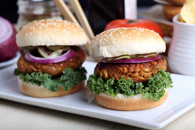 Sweet Potato, Farro and Walnut Burgers with Homemade Pickles
