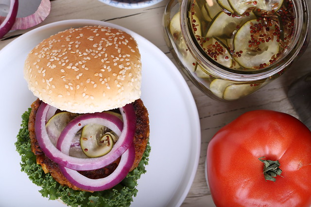 Sweet Potato, Farro and Walnut Burgers with Homemade Pickles