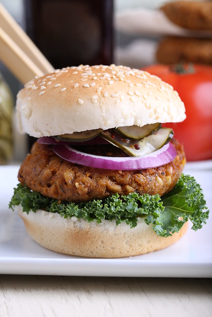 Sweet Potato, Farro and Walnut Burgers with Homemade Pickles