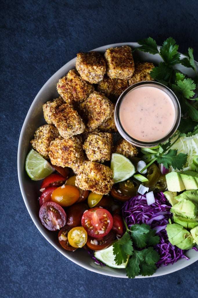 A top-down shot of a Bang Bang Tofu Taco Bowl.