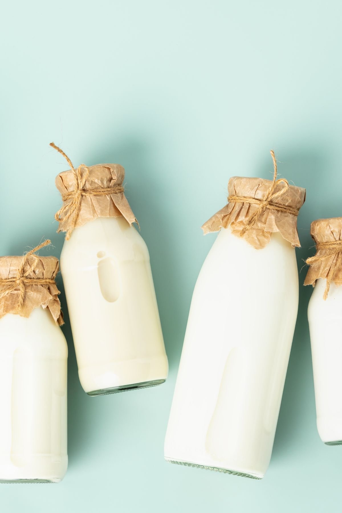 Bottles of vegan milk against a light teal background.