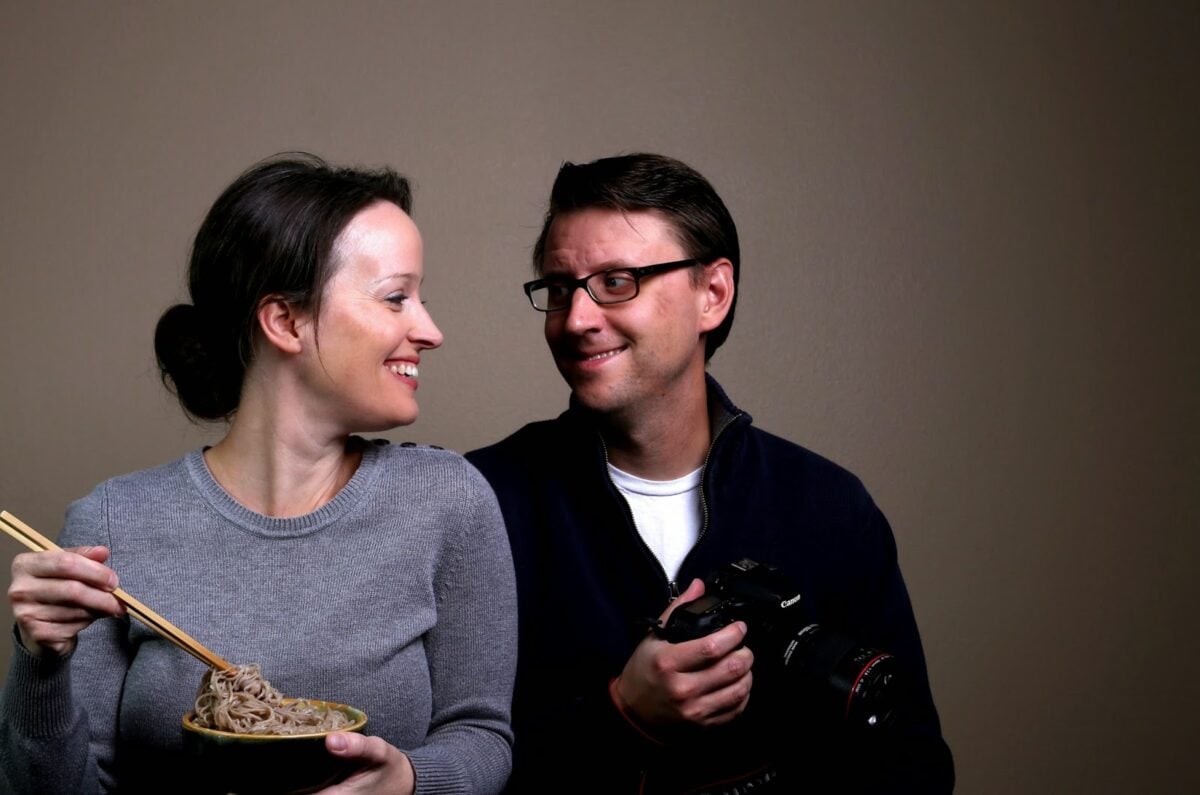 Erin and Jeff Wysocarski in their kitchen, creating vegan recipes for Olives for Dinner.