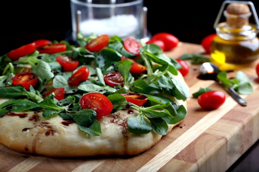 Focaccia Topped with Mâche and Fresh Tomatoes