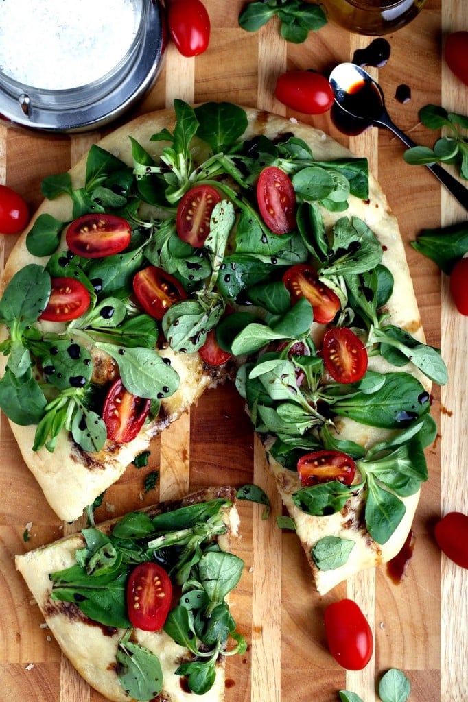 Focaccia Topped with Mâche and Fresh Tomatoes