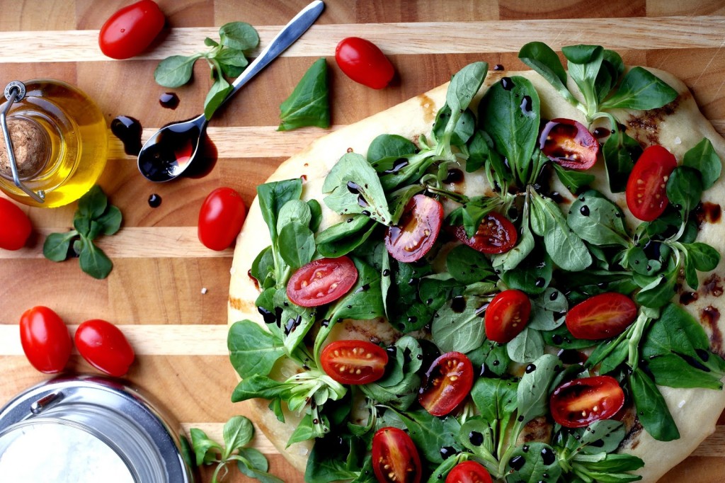 Focaccia Topped with Mâche and Fresh Tomatoes