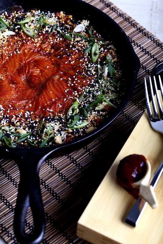 Baked Sweet Potato with Gochujang and Peanut Butter Sauce