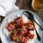A plate of vegan gochujang cauliflower with rice.