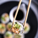 A closeup shot of vegan lobster sushi rolls.