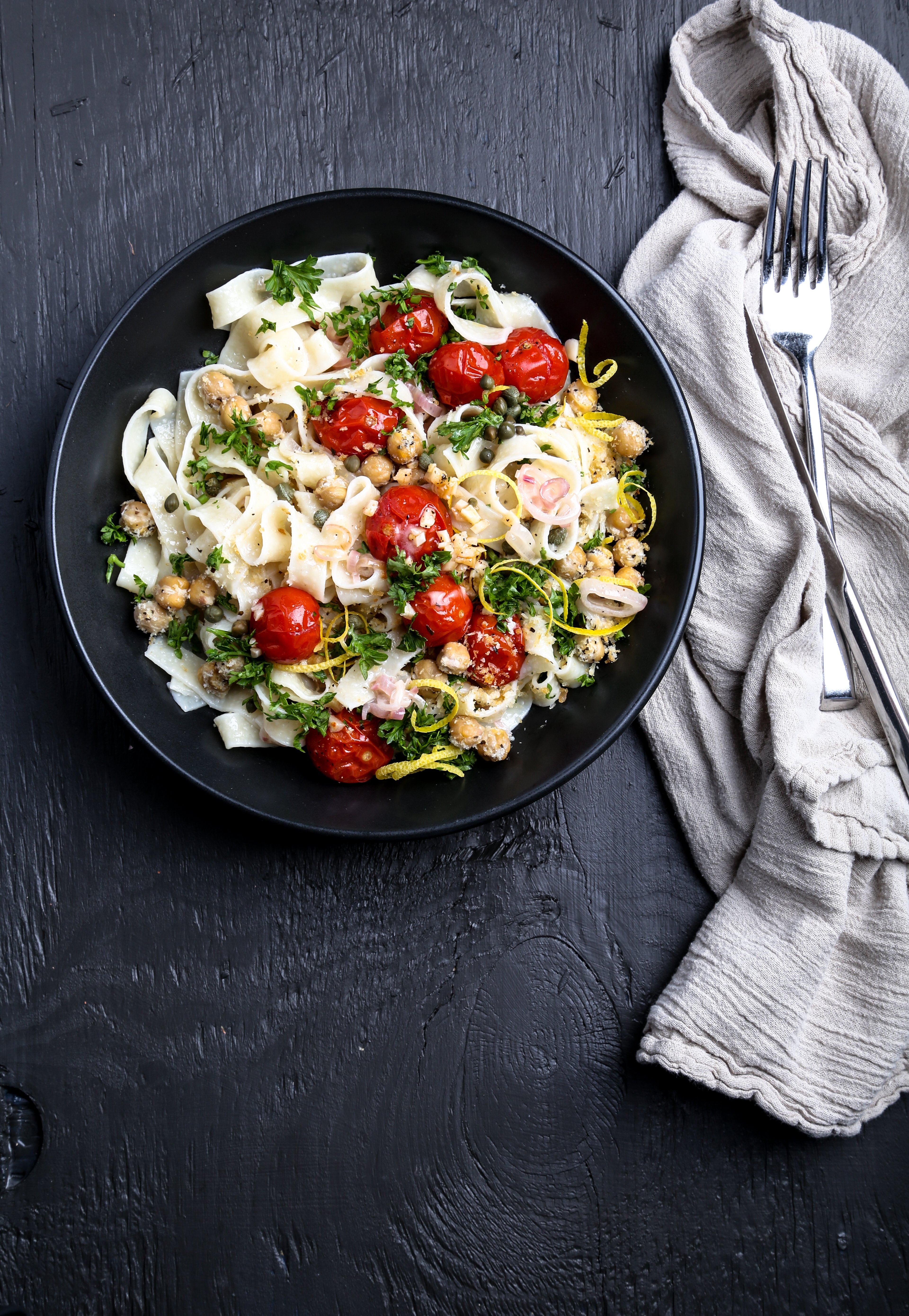 Pasta with roasted tomatoes and chickpeas.