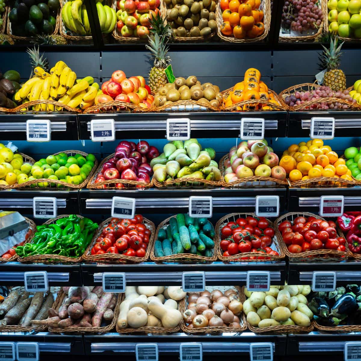 Fruits and vegetables in the produce aisle.