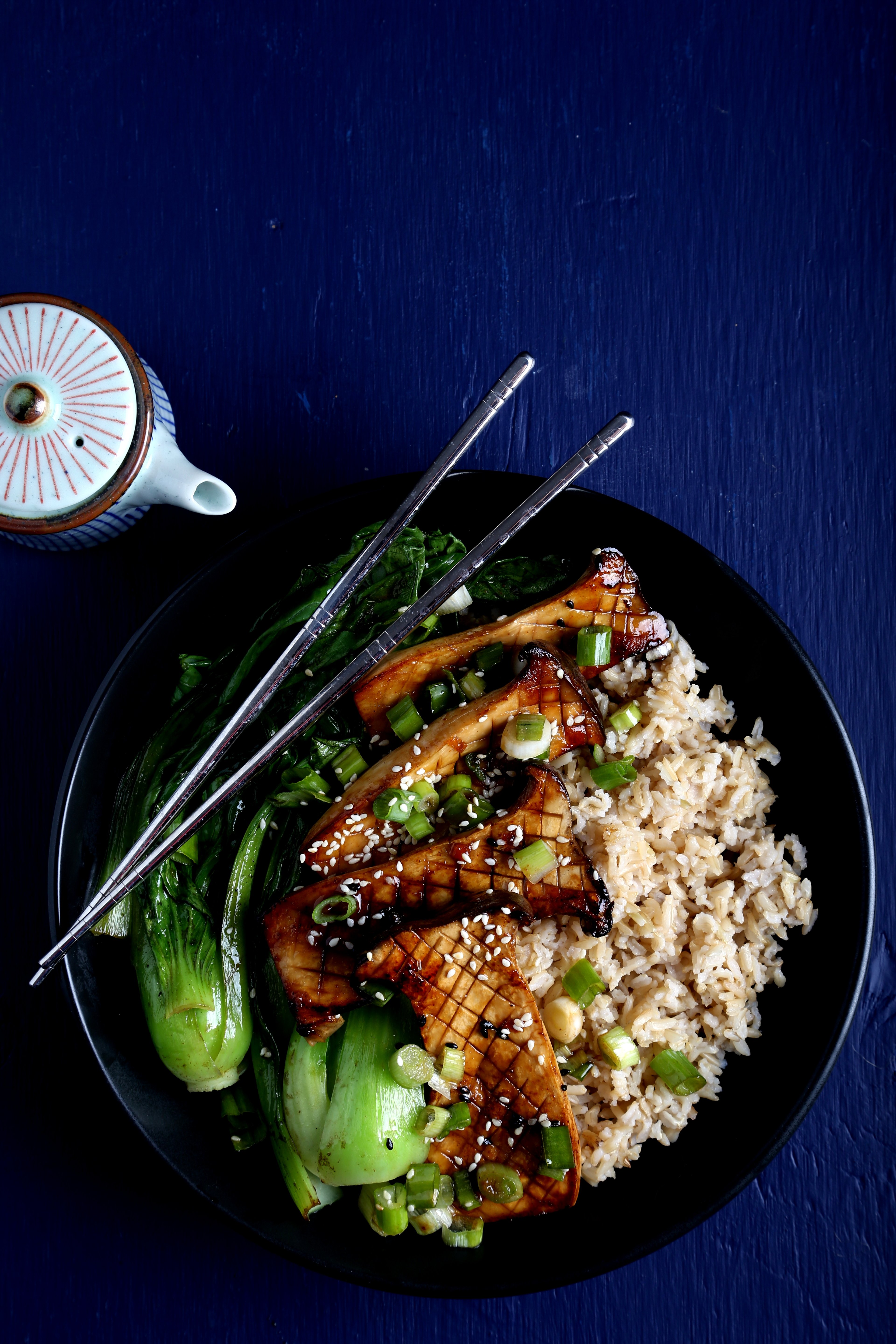 Teriyaki mushrooms with bok choy and rice.