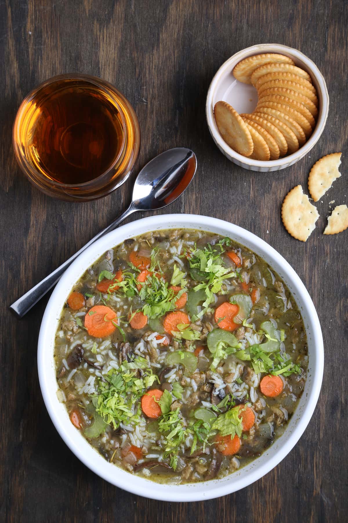 A bowl of vegan chicken and rice soup.