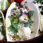 Vegan tacos made with breaded hearts of palm.