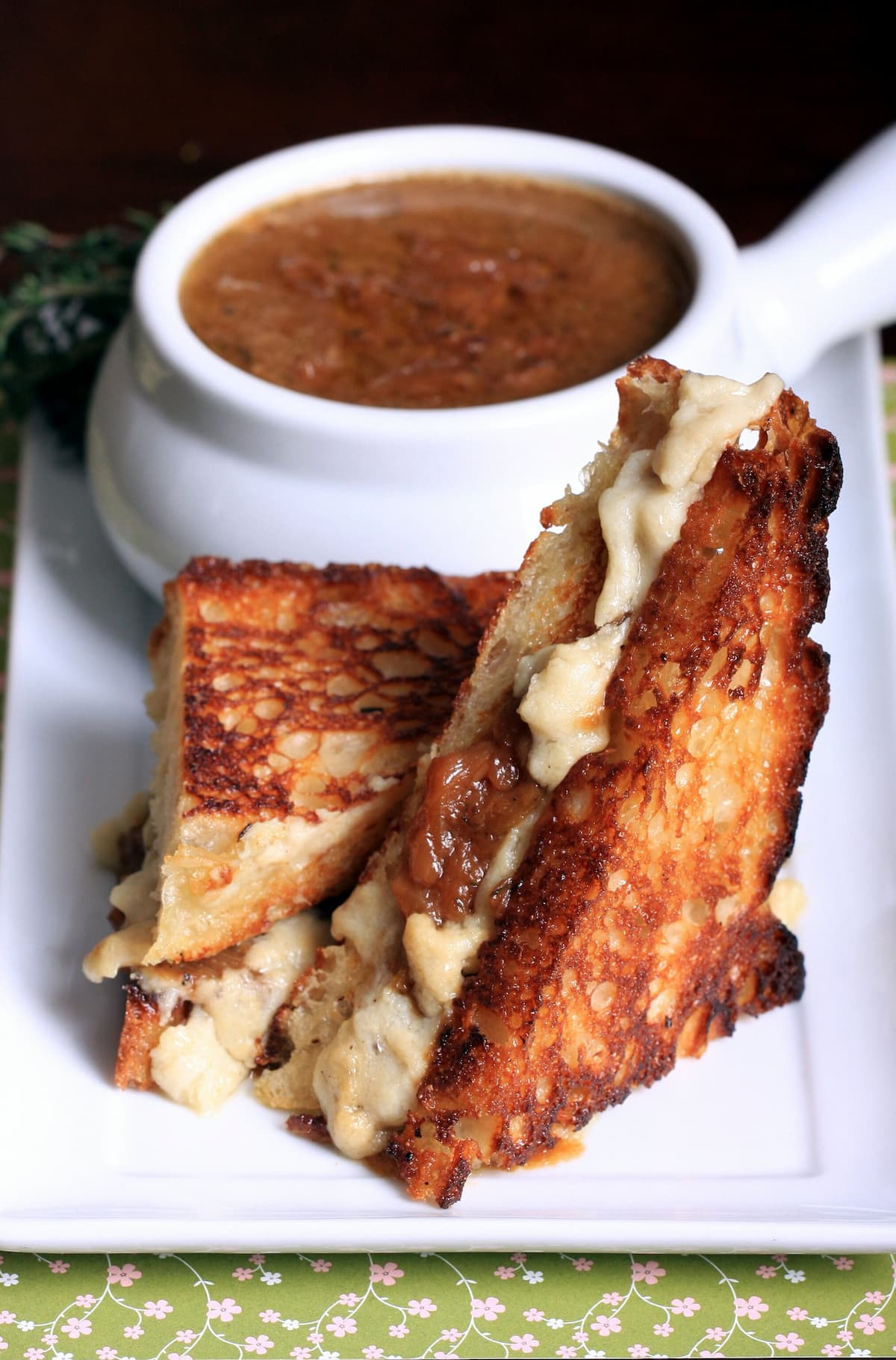 A vegan French onion soup sandwich.