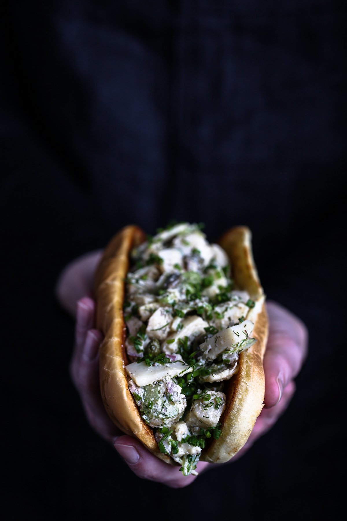 Two hands holding a vegan lobster roll against a dark background.