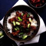 One bowl of vegan Mongolian beef.