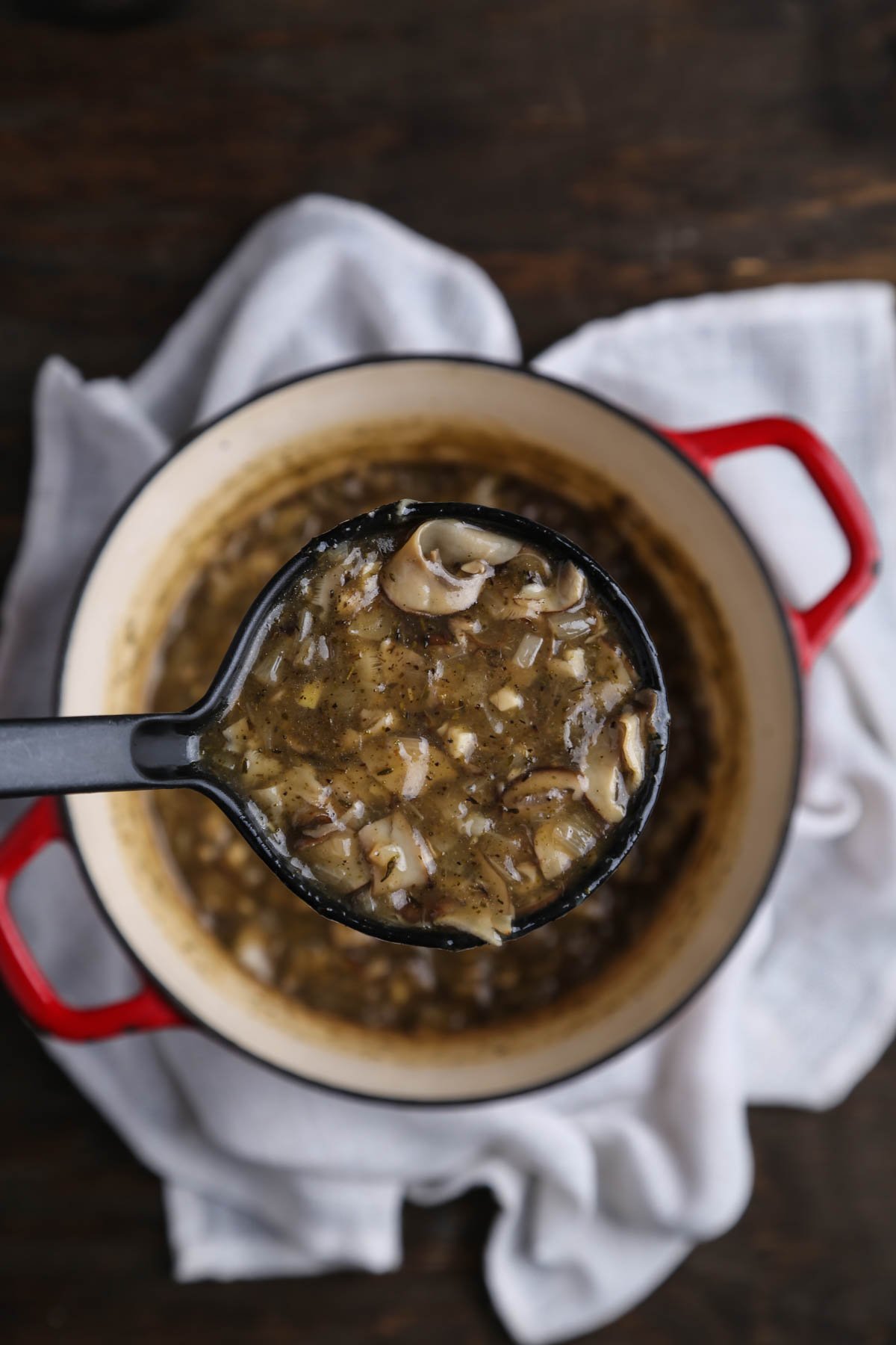 A ladle of vegan mushroom gravy.