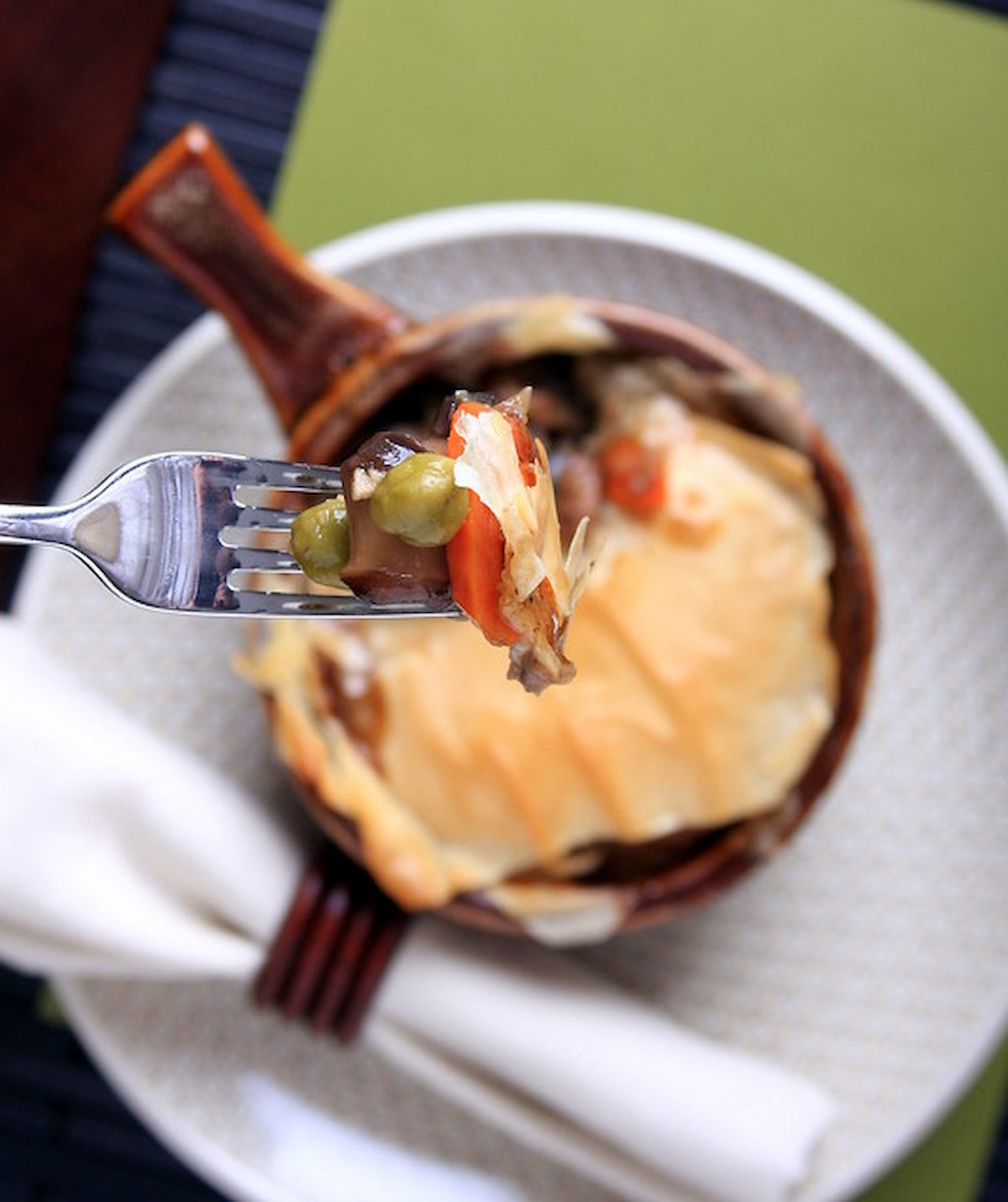 A close-up shot of vegan pot pie.