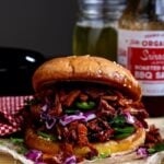 A vegan bbq pulled pork sandwich made with jackfruit.