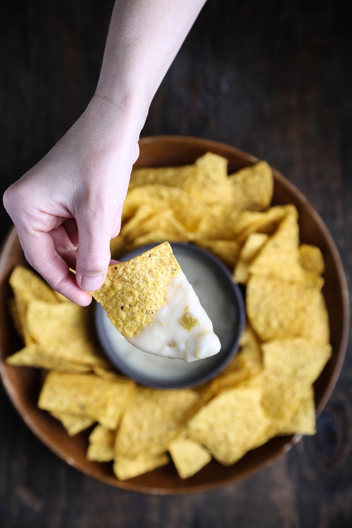 Chips and vegan queso dip.