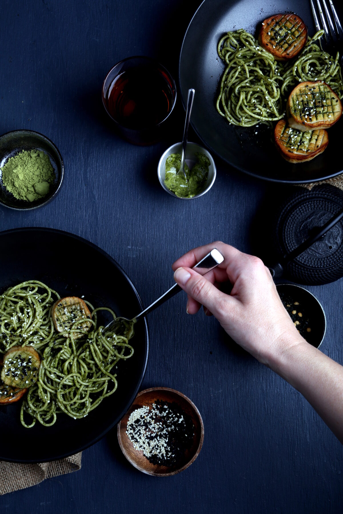Pasta with seaweed-matcha butter and vegan scallops.