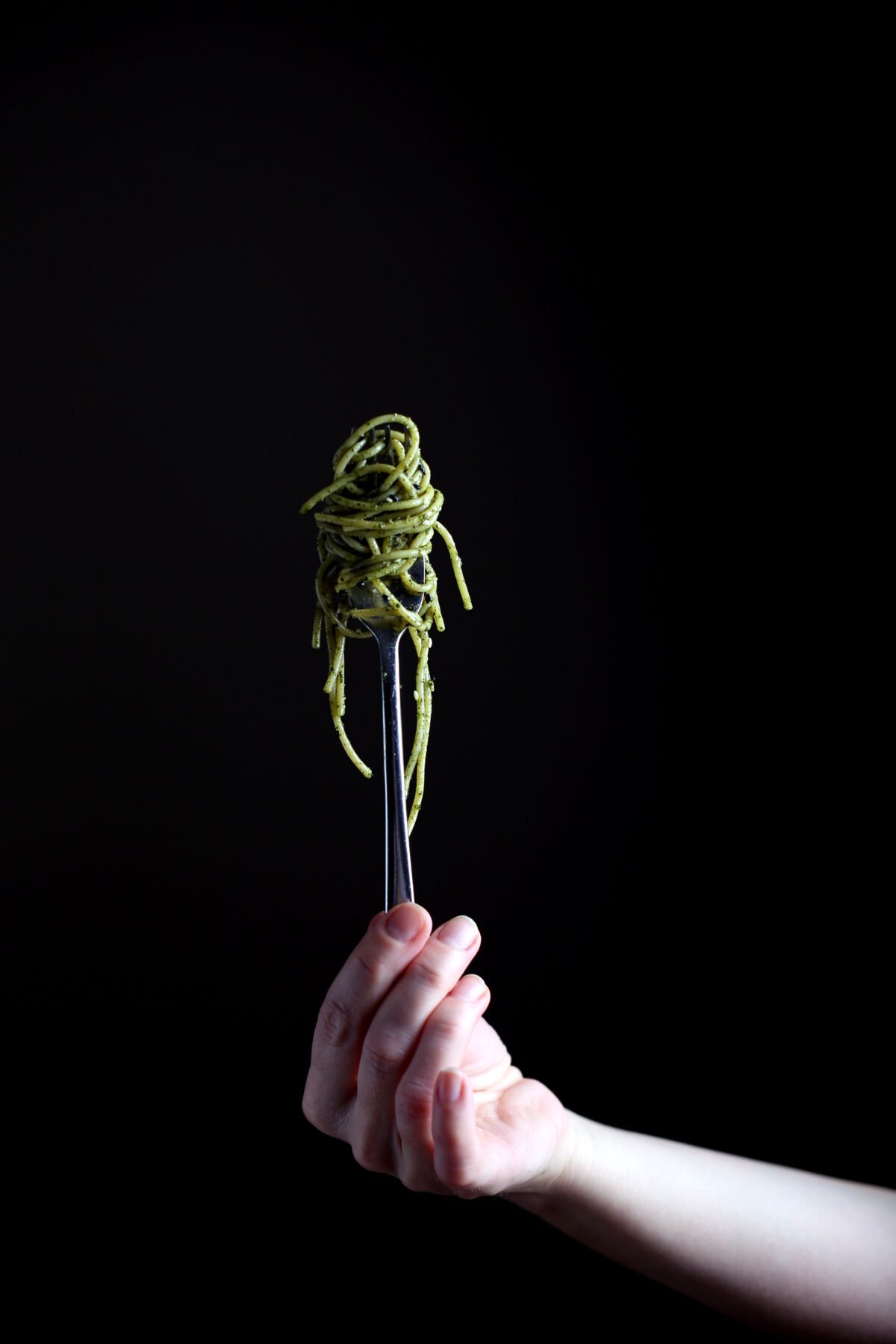 Seaweed pasta twisted on a fork.